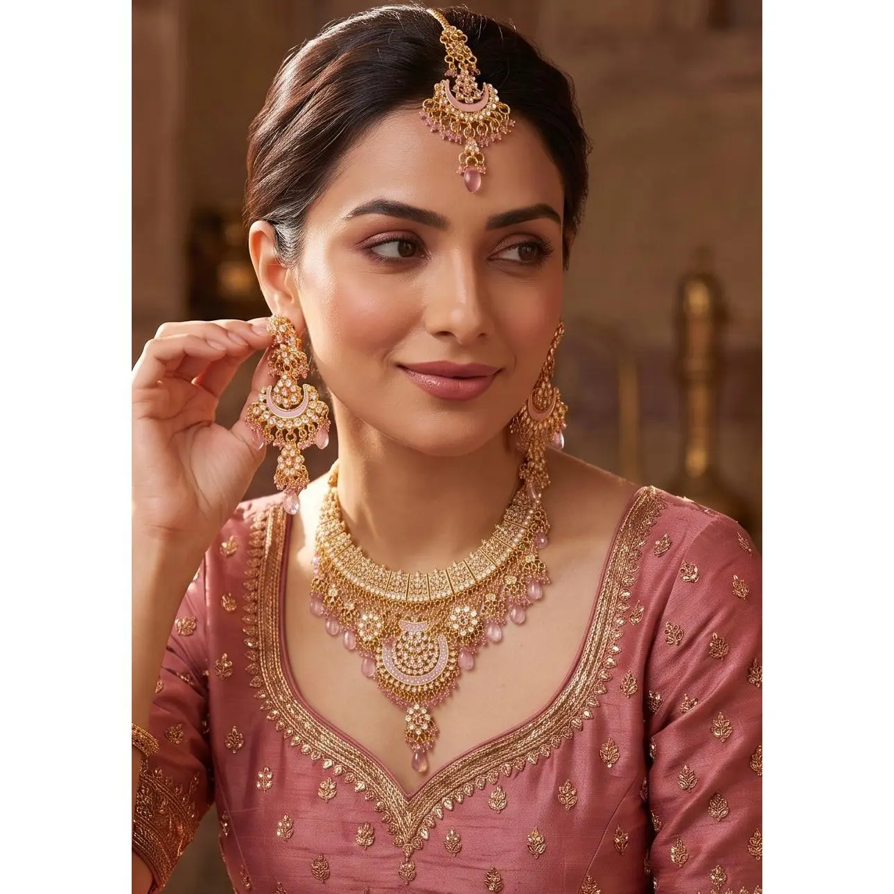Pink Indian Pakistani Afghan Bridal Jewelry Set with Earrings & Maang Tikka | Gold Tone Crystal Rhinestone Necklace Set | Gift Box Included 7012