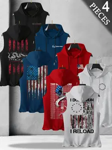 Men's 4-Pack Flag Series Graphic Print Hooded Sleeveless T-Shirts, Casual Comfortable Hooded Vest, Ideal for Summer Outdoor Fitness