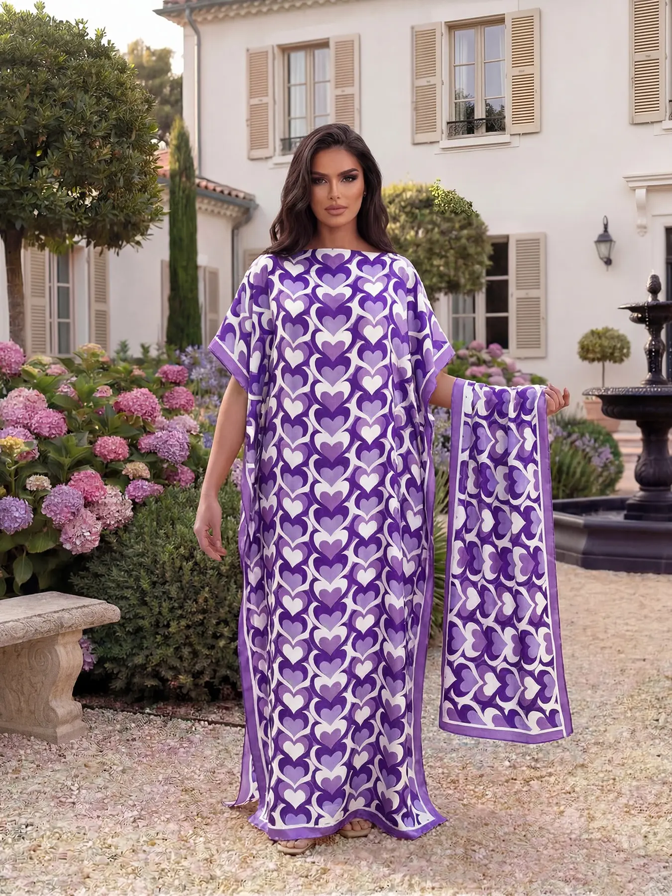 Fashionable Elegant Aesthetic Chic Geometric Print Shawl Set, Long Dress + Headscarf Scarf, Sun Protection Silk Ribbon, Women's Beachwear Summer, Womenswear, Beach Resort Wear