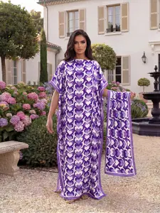 Fashionable Elegant Aesthetic Chic Geometric Print Shawl Set, Long Dress + Headscarf Scarf, Sun Protection Silk Ribbon, Women's Beachwear Summer