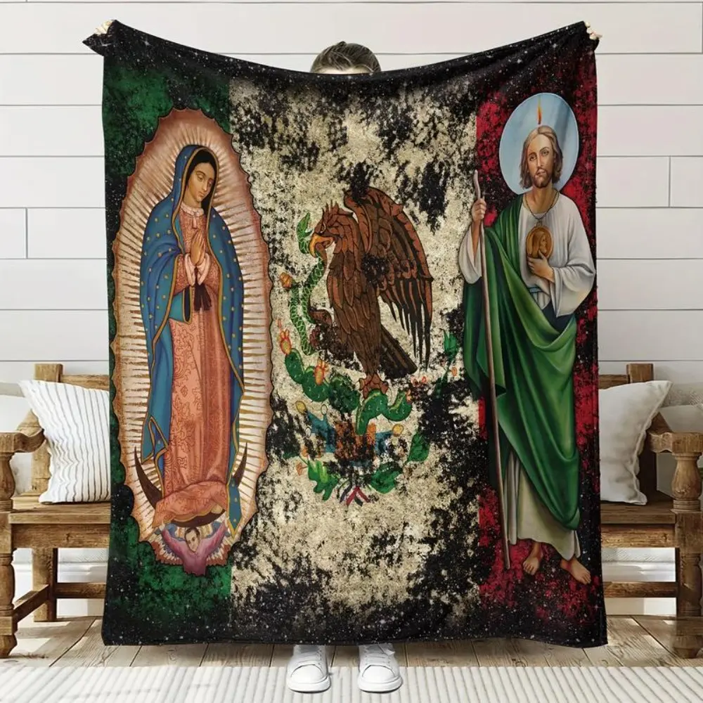 Our Lady of Guadalupe Virgin Mary Soft Micro Fleece Throw Blanket, Mexican Catholic Religious Art with Saint Portrait and Floral Style, Wrinkle-Resistant Lightweight Blanket for Parents, Faith Families, Bed Couch and Prayer Spaces