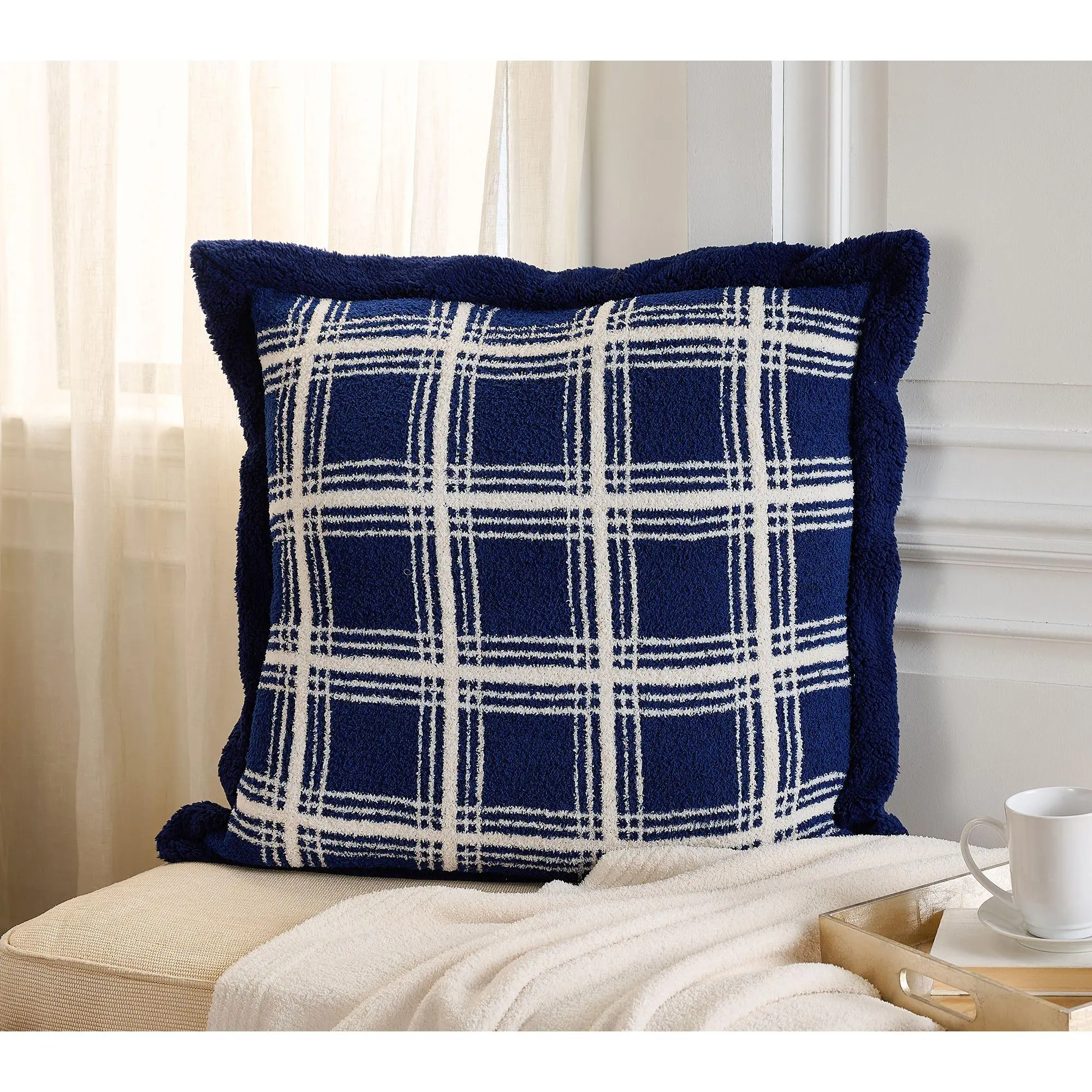 26" x 26" Feather Knit & Sherpa Plaid Pillow by Kim Gravel