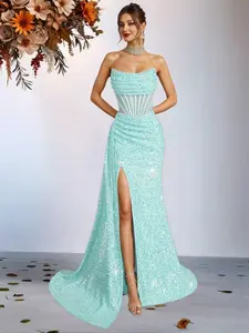 Women's Sequin Backless Party Dress, Elegant High Slit Sleeveless Evening Gown, Perfect for Formal Occasions