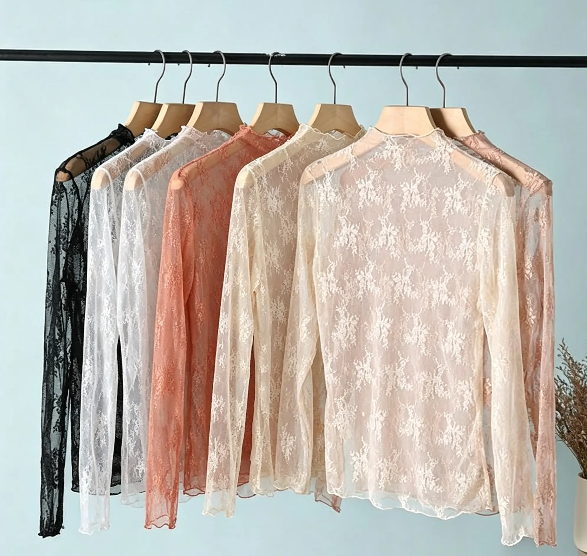 Lady's Lace Mock Neck Shirts, 3-Pack Elegant Long Sleeve Sheer Mesh Blouse, Hollow-Out Floral Layering Tops for Autumn Clothes, Alternative Blouses & Shirts, Shirt, Western Clothes
