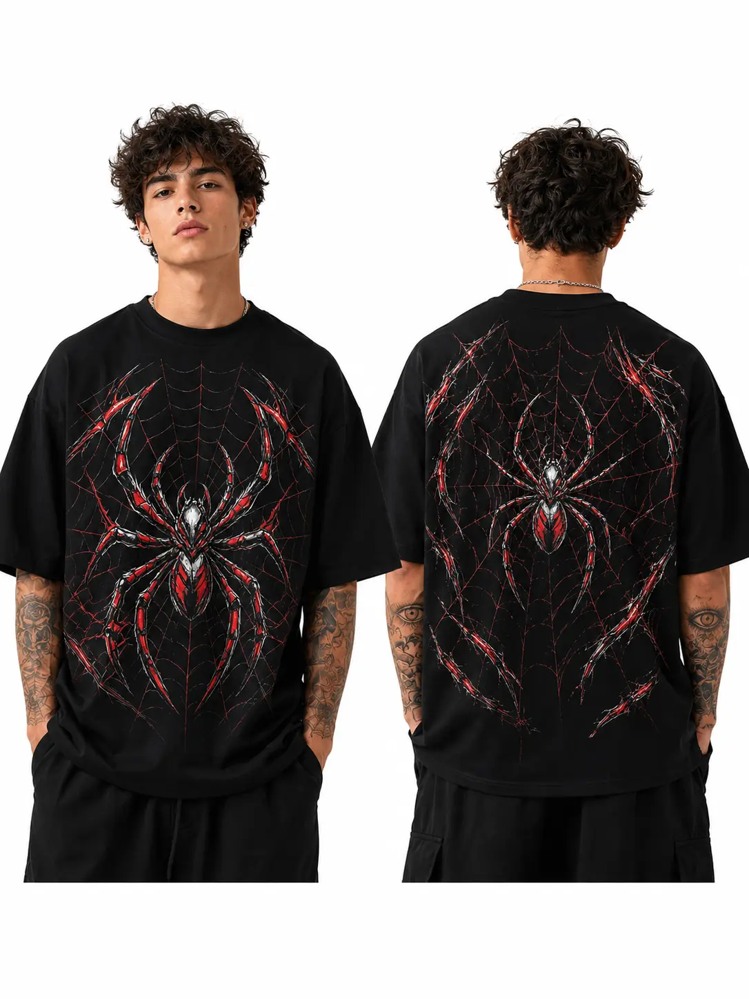 Men's Shortsleeve T-Shirt, Oversized Gothic Spider Graphic, Vintage Washed Cotton Aesthetic Crew Neck Tops