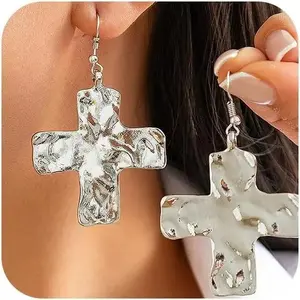 Chunky Big Hammered Cross Drop Dangle Earrings for Women Trendy, Bold Thick Large Cross Hook Earrings Dainty Faith Chain