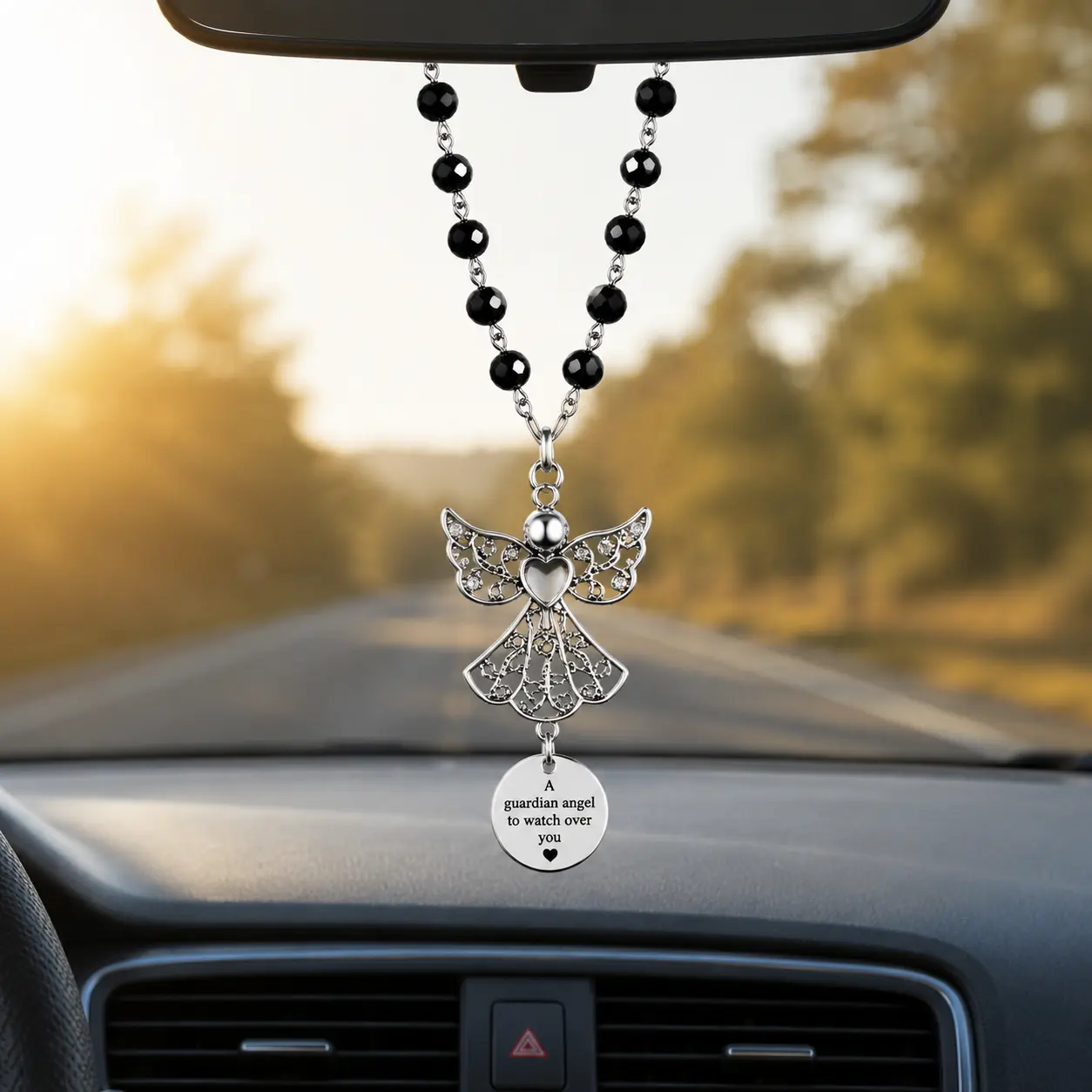 Car Heart Angel Customized Stainless Steel Round Car Decoration Rearview Mirror Hanging Charm Pendant Gift Sets Automotive Auto Seat
