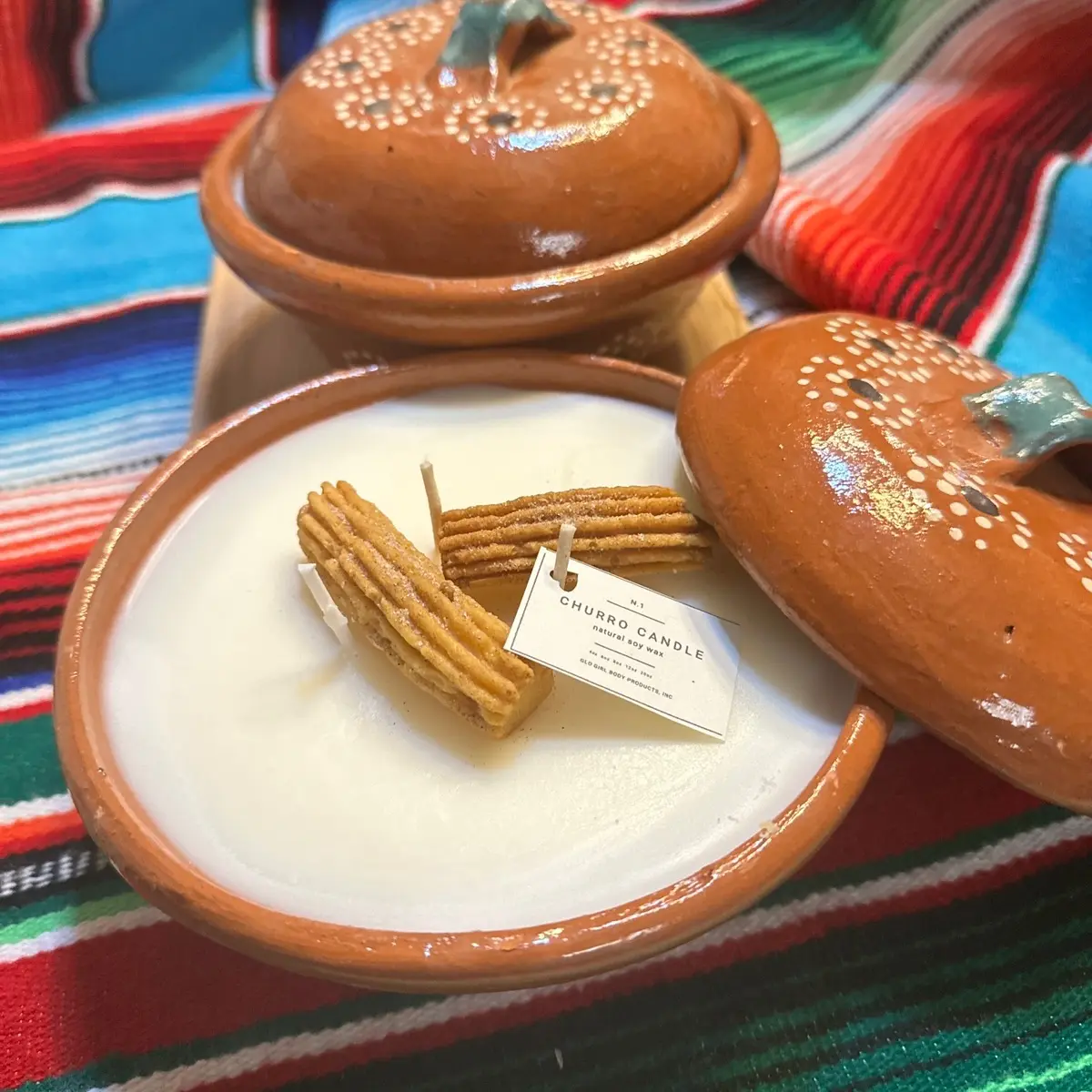 Churro Scented Soy Wax Candle - 3.5 Inches Diameter Hand-Painted Clay Bowl, Lidded Traditional Container, Mexican Art Home Decor for Cozy Indoor Spaces, With Lid