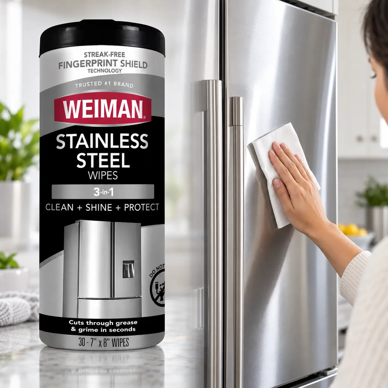 Weiman Stainless Steel Wipes 30 Count,3-in-1 clean shine protect,streak-free polish,fingerprint shield,pre-moistened,no-drip formula,grease,grime,smudges,residue,refrigerator doors,dishwasher fronts,oven,range hoods,microwaves,coffee machines,sinks,grills