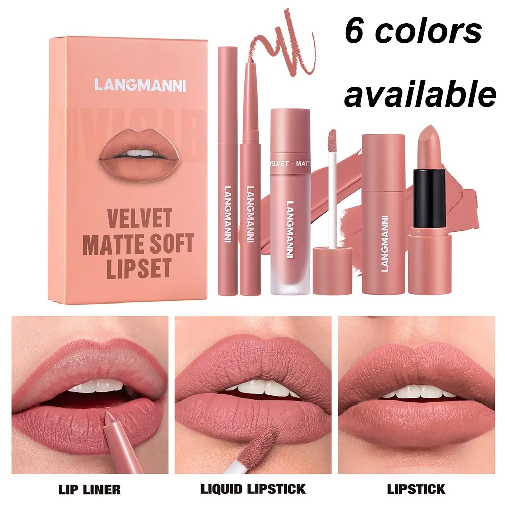 6-Color Velvet Matte Lip Set - Lip Liner, Liquid Lipstick & Bullet Lipstick Trio, Full-Coverage Nude Lip Makeup Kit, Lip Product