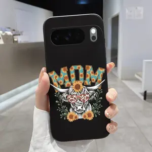 Mom Cow Sunflower Pattern Rounded Edge Phone Case for Google Pixel 10 9 8 7 Pro A XL Shockproof Drop Protection Rugged Durable Liquid Silicone Cover Cellphone Protective