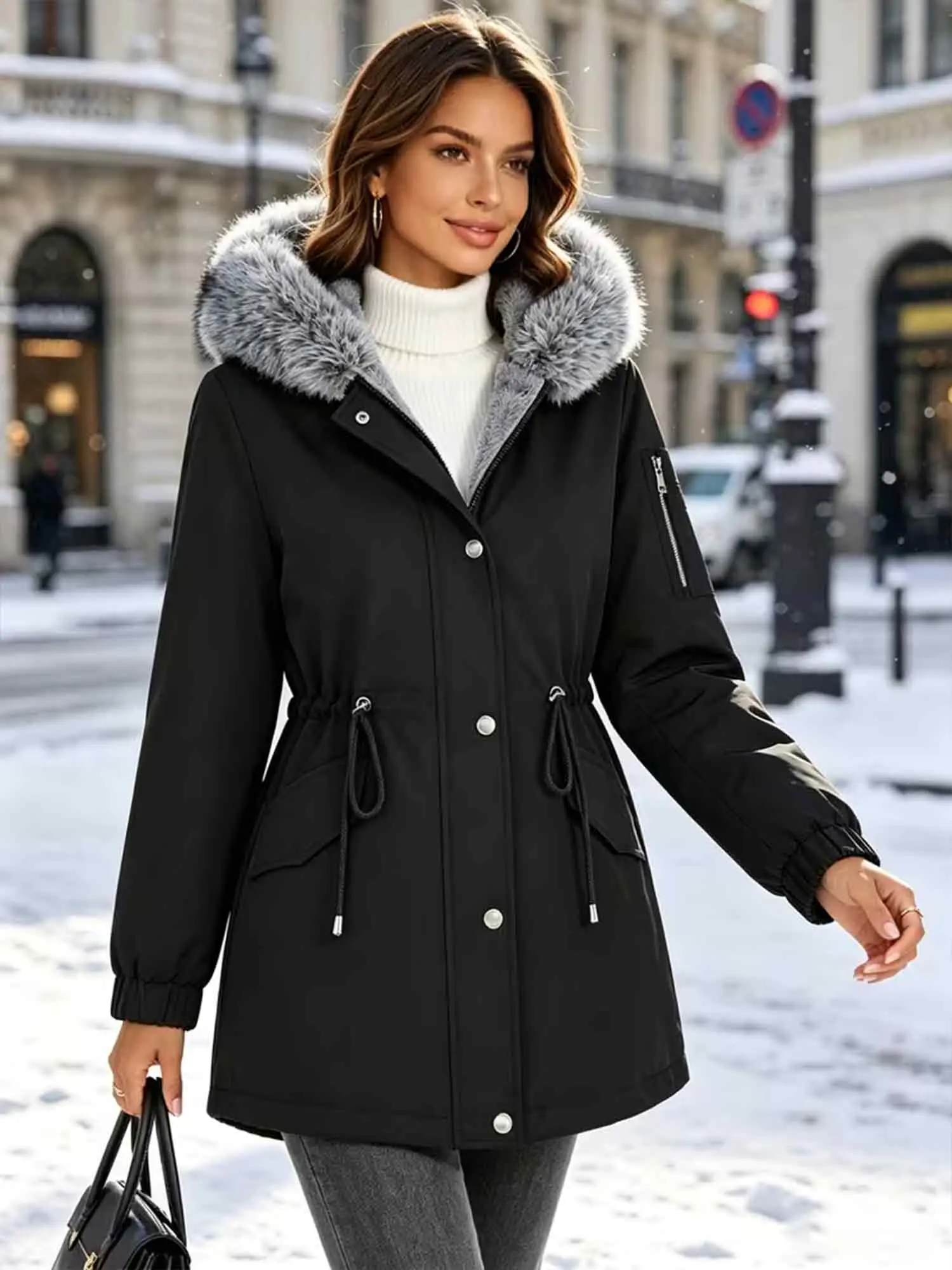 Women’s large gray hooded parka jacket with a fleece lining for warmth, drawstring waist for shaping, side zipper pockets, a sleek fit that keeps you warm in winter and looks slimming.