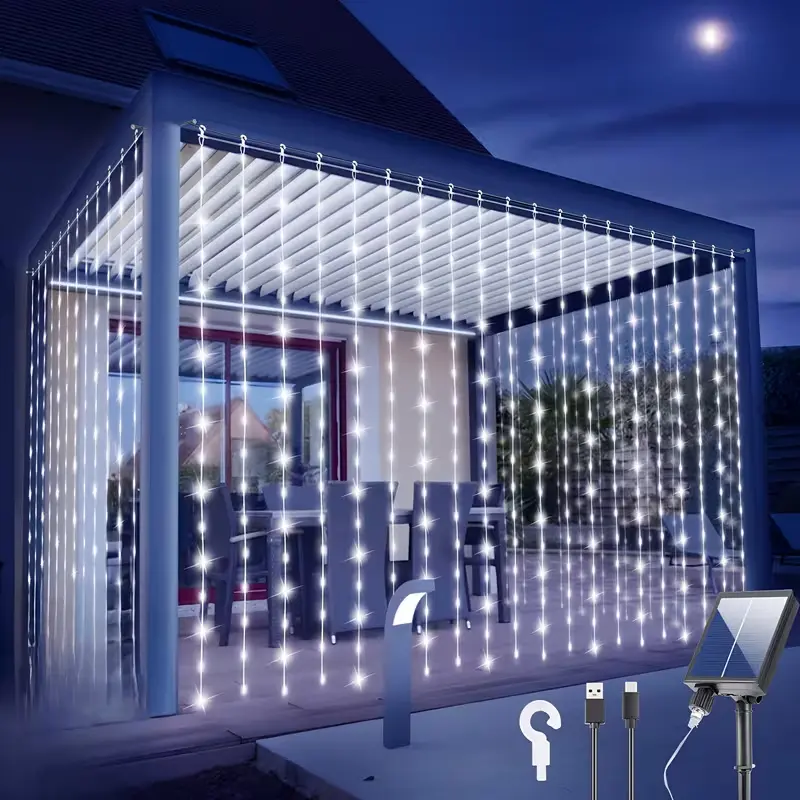 Solar Curtain Lights Outdoor 10 x 10Ft 300LED Waterproof Waterfall Light with 8 Modes Remote USB Rechargeable Dimmable Timer Twinkle Fairy String Lights for Outdoor Christmas Gazebo Wedding Pergola