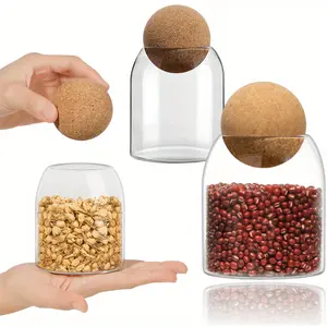 3pcs Borosilicate Glass Storage Bottles with Ball Closure | Round Cork Glass Jars, Cute Decorative Organizer Bottles, Food Dividers for Candy, Food, Coffee Beans, Nuts, Spices, Tea, 500ml
