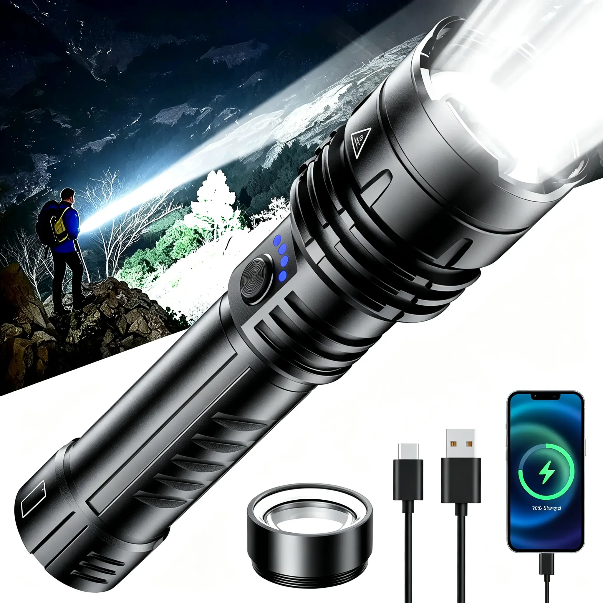 1376 LED Flashlights with Ignition Lens, Rechargeable 1500High Lumens Super Bright Zoomable Flash Light, 5 Modes Waterproof Handheld Powerful Tactical Flashlight for Emergency Camping