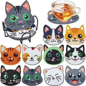 10 Pcs Cats Diamond Art Coasters with Holder Diamond Art Painting Coasters Kits Craft Art DIY Diamond Coaster Kits Gem Art Coaster for Adults Kids Beginners Cat Lover Gifts