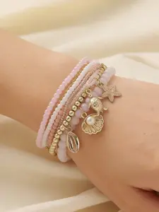 9-Piece Ocean Vacation Style Dolphin Pearl Bracelet Set, Soft Crystal Wave Shell Design, Perfect for Girls, Beach Holiday Wear