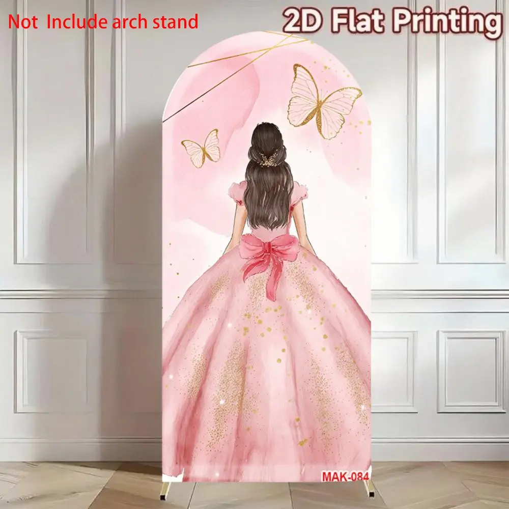 Quinceanera Pink Flower Dress Girl Birthday Party Wedding Arched Backdrop Pink Butterfly Decor Backdrop Stand Arch Party Decorations Banners, Party Decor Supplies