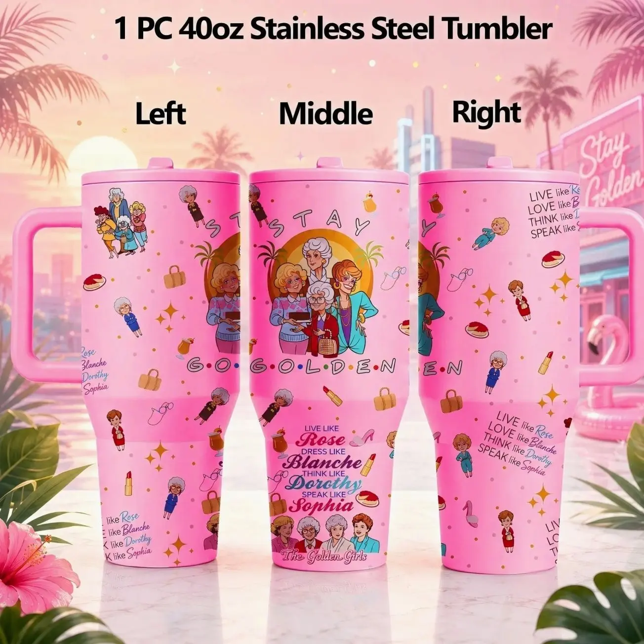 1 Pc 40oz Golden Girls Stainless Steel Tumbler Drinkware with Handle and Lid, Insulation, Pink Retro TV Show Inspired Travel Mug, Double Wall Vacuum Insulated Cup for Coffee Water Tea, Keeps Hot 12H Cold 24H, Gift for Women Mom Grandma Best Friend Fans