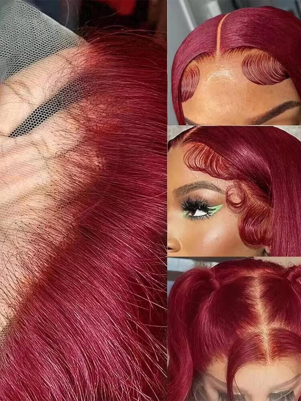 Human Hair 99J Burgundy Straight 13x4 Lace Frontal Wig Pre Preplucked Red Wine Transparent Lace Front Wigs For Women 150% Density