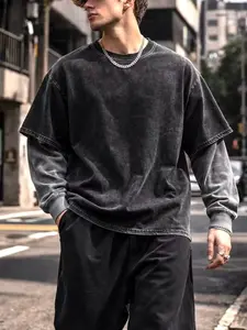Men's Washed Layered Long Sleeve T-Shirt | Vintage Streetwear Double Sleeve Tee Casual