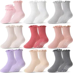 P-SOK018  Baby Girls Toddlers Ruffle Grip Socks Uniform School Dress Anti Slip Non Skid Frilly Breathable Crew Cotton Socks 9 Pairs