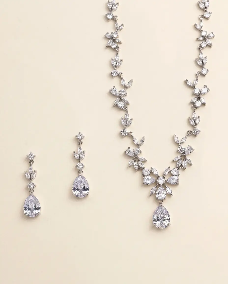 Nala Jewelry Set - Silver Floral Cubic Zirconia Bridal Necklace and Earrings