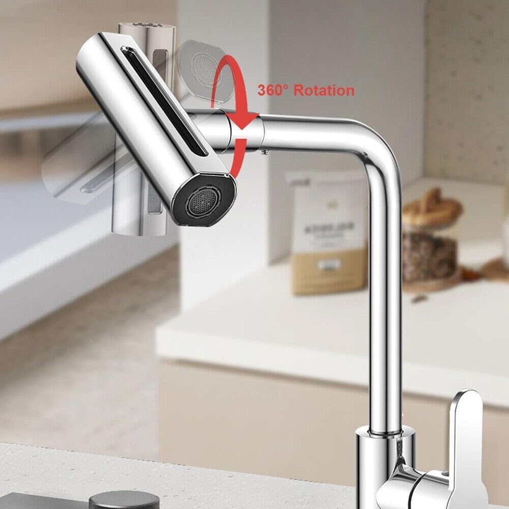 Stainless Steel Kitchen Faucet with Waterfall Feature - Multi-Function, Hot & Cold Water, Rotatable Spray Head with Inlet Pipe Included, Kitchen Water Faucet