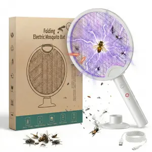 Foldable Electric Fly Swatter Racket Insect Killer Handheld Bug Zapper Racket with 3-layer Mesh and USB Rechargeable Base for Indoor and Outdoor【outdoorfun】