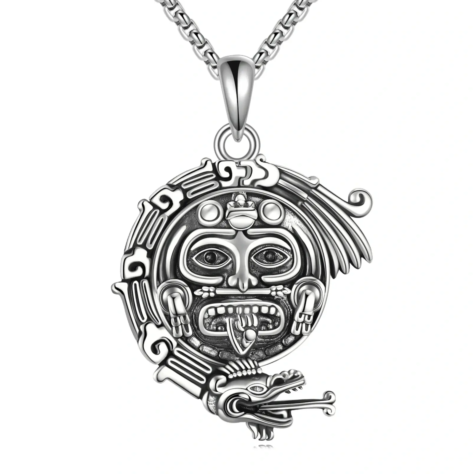 Aztec Necklace 925 Sterling Silver Mayan Dragon Pendant Jewelry