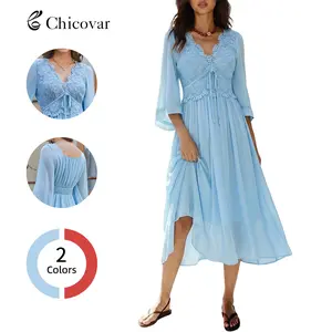 Chicovar Women's Summer Boho Midi Dress, Chiffon Fabric, Deep V Neck, 3/4 Sleeve, Floral Lace Design, Elastic Waist, A-Line, Smocked Flowy Dress Perfect for Vacation, Party, Daily Wear, Beach Wear, Easter Dress