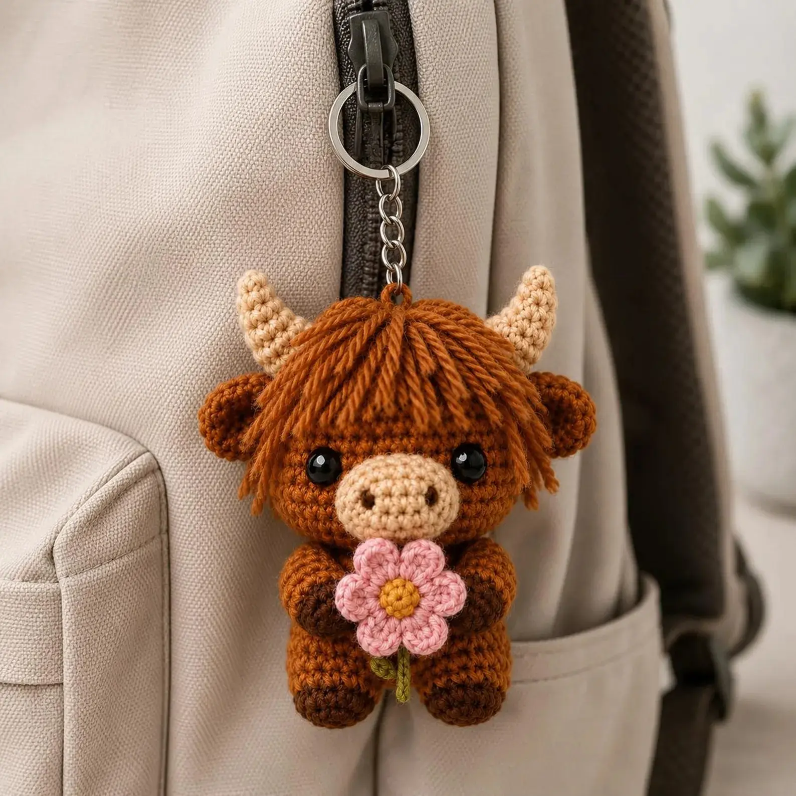 Highland Cow Crochet Keychain, Cute Cow Bag Charm with Pink Flower, Handmade Amigurumi Cow Plush, Farm Animal Gift for Cow Lover