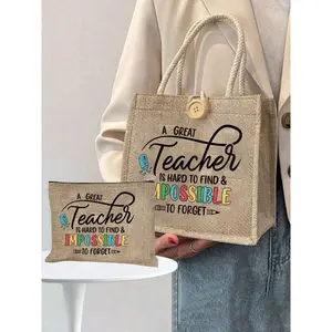 A linen tote bag with a teacher pattern, personalized wallet tote bag, simple large-capacity tote bag, portable casual storage tote bag, portable toiletry bag, shopping bag, pencil case, Carry All Tote