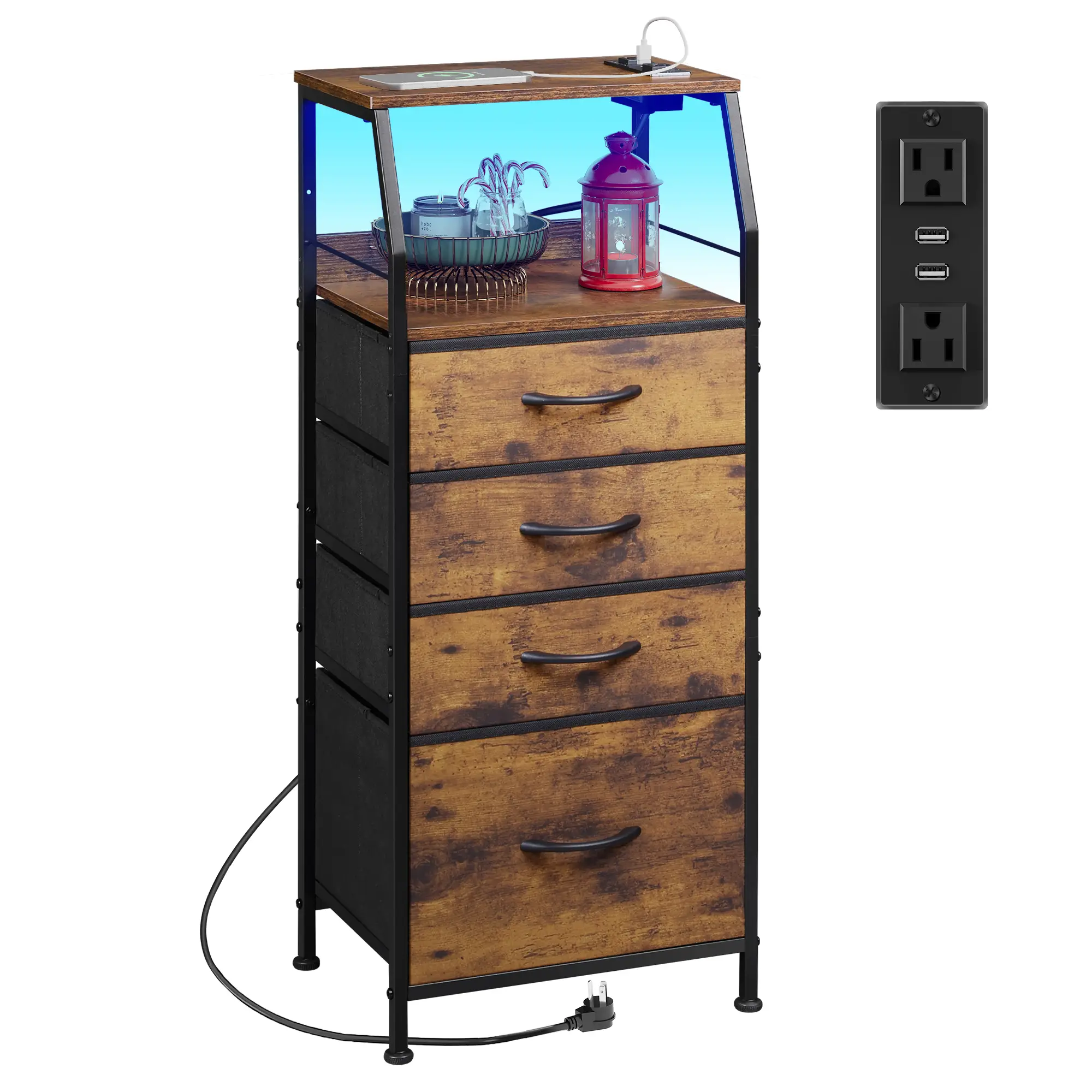 WLIVE 4-Drawer LED Nightstand | 37" Charging Station / 2 USB, RGB Mood Lights & Rustic Brown Fabric Storage Bins & Adjustable Feet Bedside Cabinet