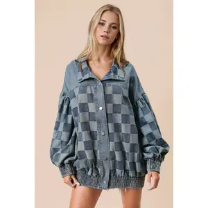 Double Take Checkered Button Up Denim Jacket