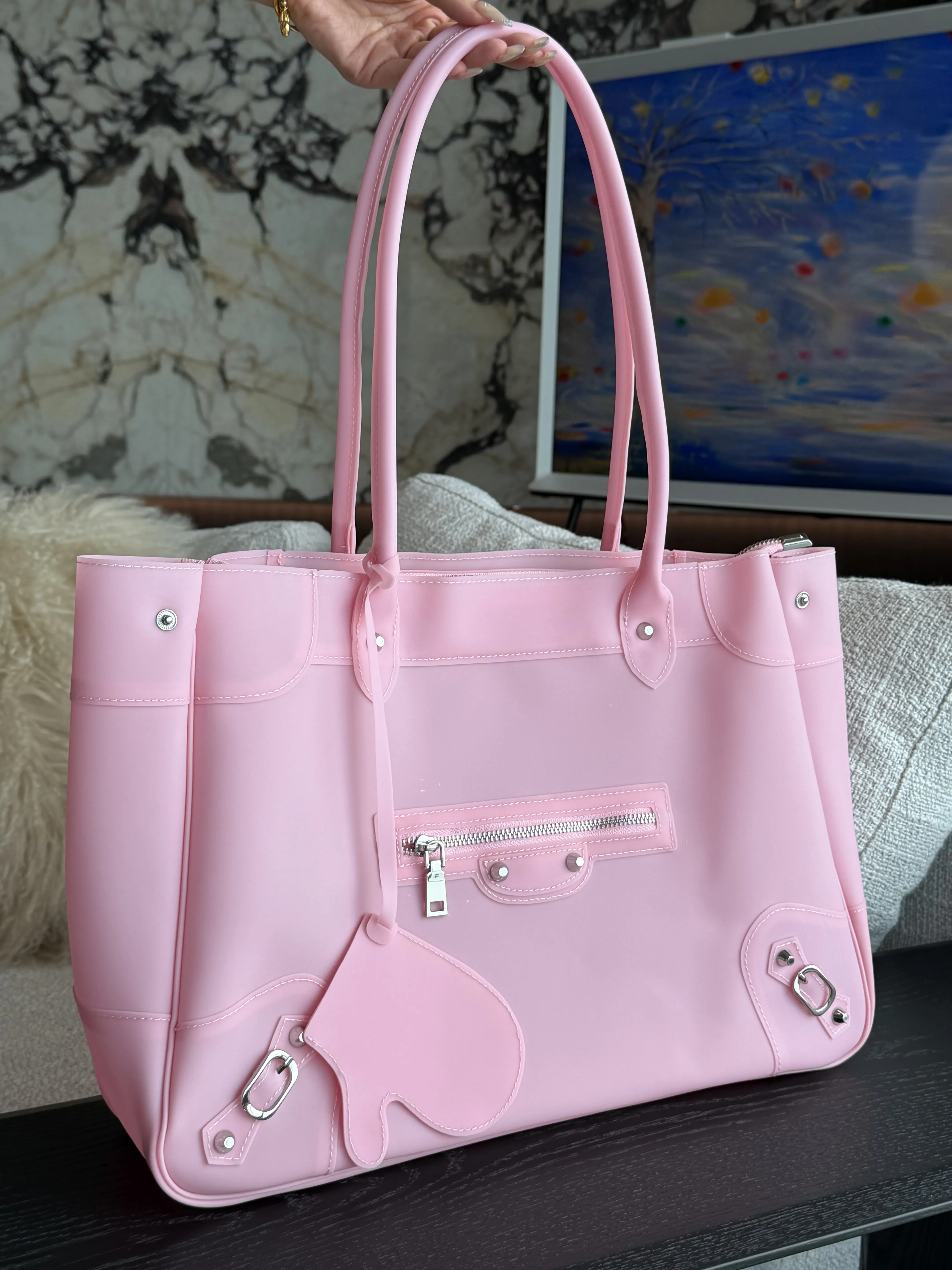 New Handmade-Style Opaque PVC Jelly Tote Bag for Women, Large Capacity Retro Studded Shoulder Handbag with Zip Pocket and Detachable Charm, Everyday Work Travel Bag