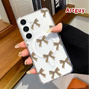 Magnetic Soft Case for  Samsung Galaxy S23 Ultra S24 Plus FE S25 S22+ Non-Yellowing Drop Protection Transparent Acrylic Large Hole Leopard print bow Pattern Shockproof Silicone Cover Supports Wireless Charging