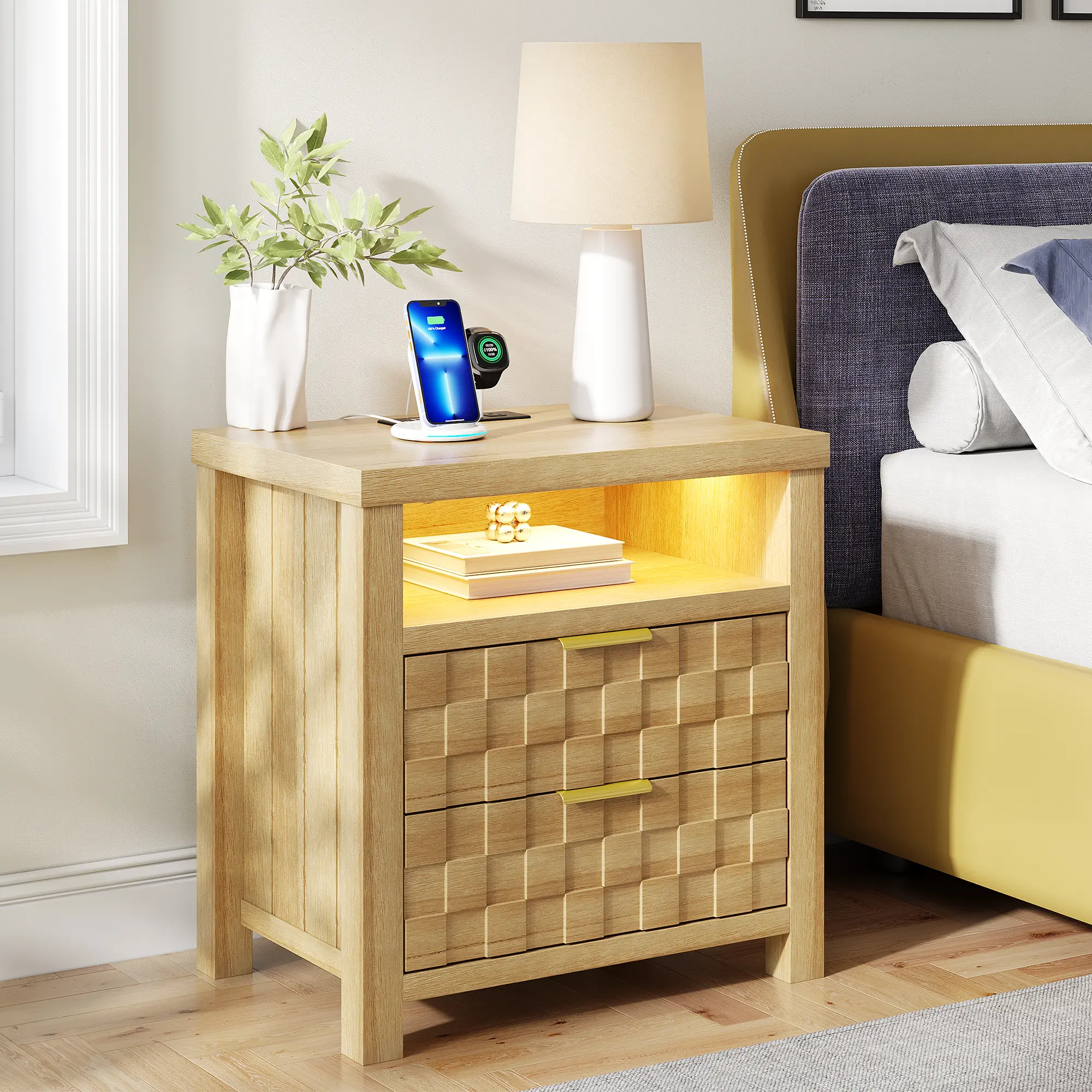 Vlsrka Nightstand with Charging Station, 25.6" Wide Bedside Table with 2 Drawers, Smart Side Table with 3-Color LED Lights and Adjustable Lighting for Bedroom