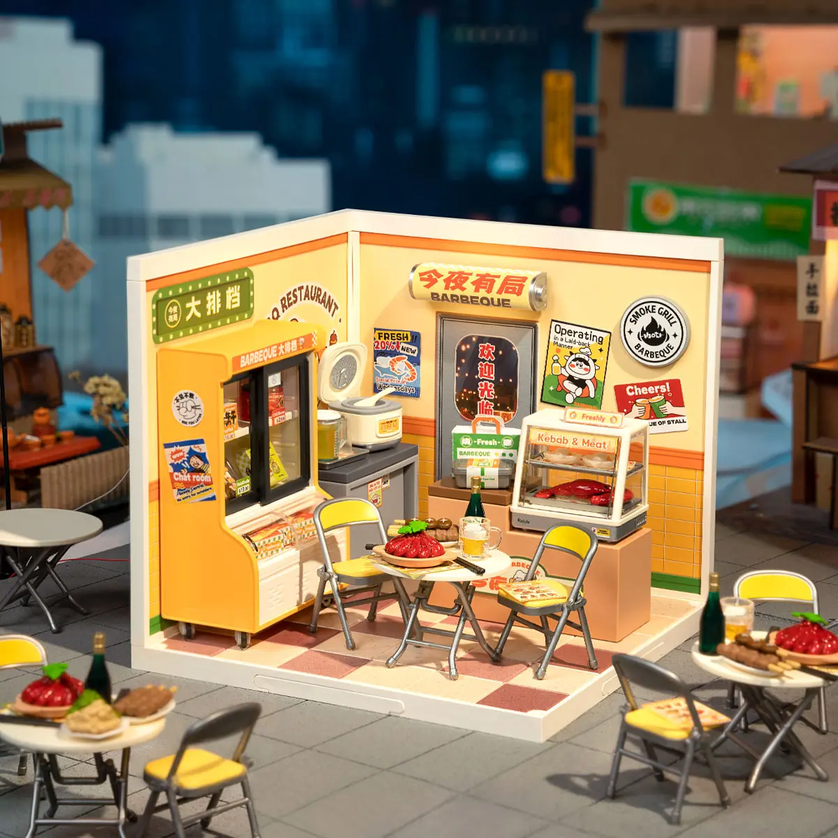 Rolife DIY Miniature Dollhouse Kit Super Store Series Plastic Building Blocks Kits Mini Dollhouse Craft Hobby Kids Playhouse Pretend Play Set（Night Out Food Stall )