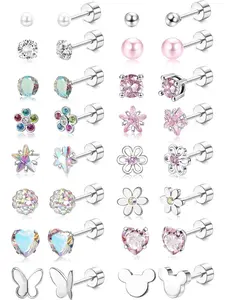16Pairs Screw Back Earrings Set Hypoallergenic for Women Girls Steel Tiny CZ Pearl Ball Heart Flower Screwback Flat Back Stud Earrings Multicolored Cute Small Cartilage Earrings 20G
