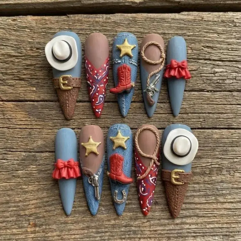 Vintage Western Press-On Nails, 3D Cowgirl Rodeo Design Nail Art Decorations for Beauty & Personal Care