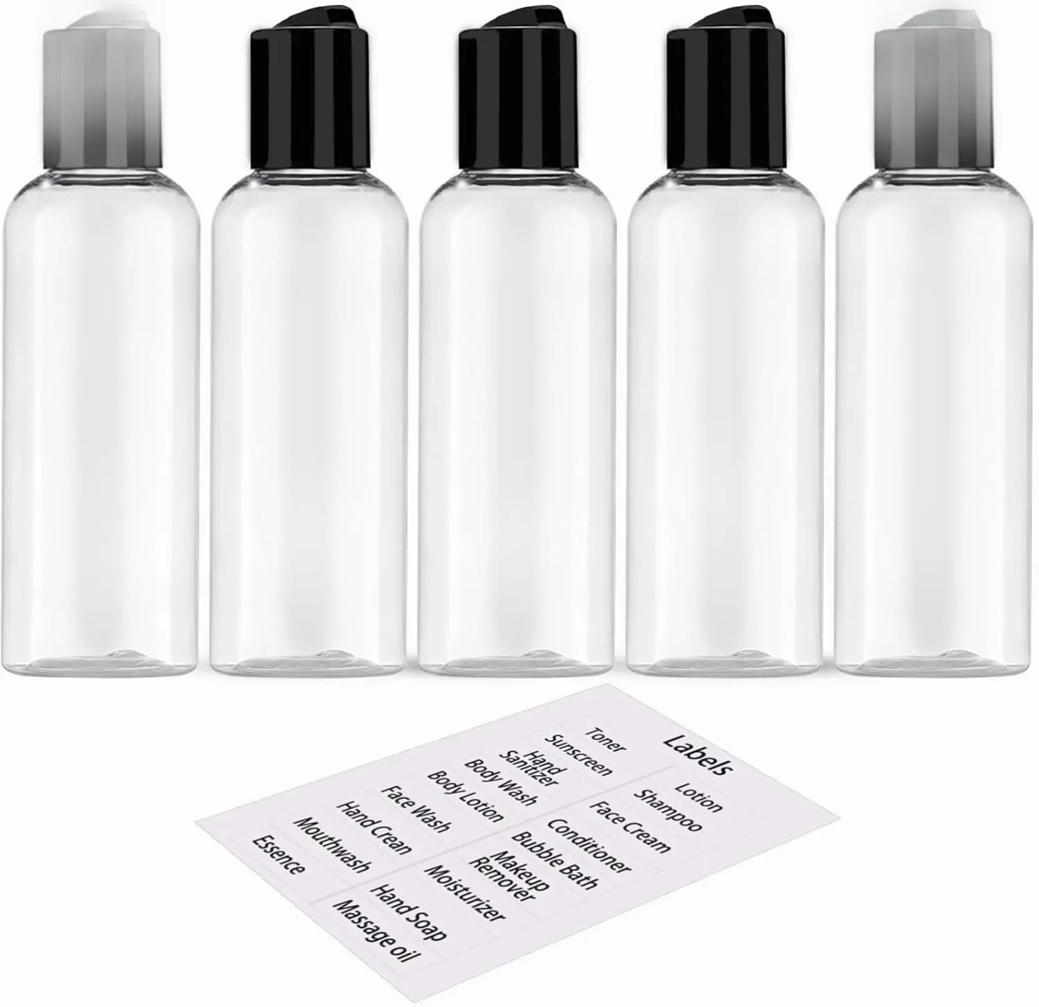 5-Pack Round 3.4 oz (100ml) Leakproof Lightweight TSA-Approved Portable Plastic Travel Toiletry Organiser Bottles with Lids, Empty Multi-Use Airplane Storage Bottles & Jars with Labels for Beaches, Business, 3 To 3.9 Fl Oz