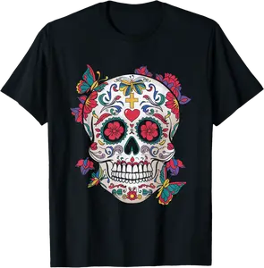 Sugar Skull Butterfly Dia de Los Muertos Art T-Shirt - Tomasleza Shop 89B0DDY79KJW