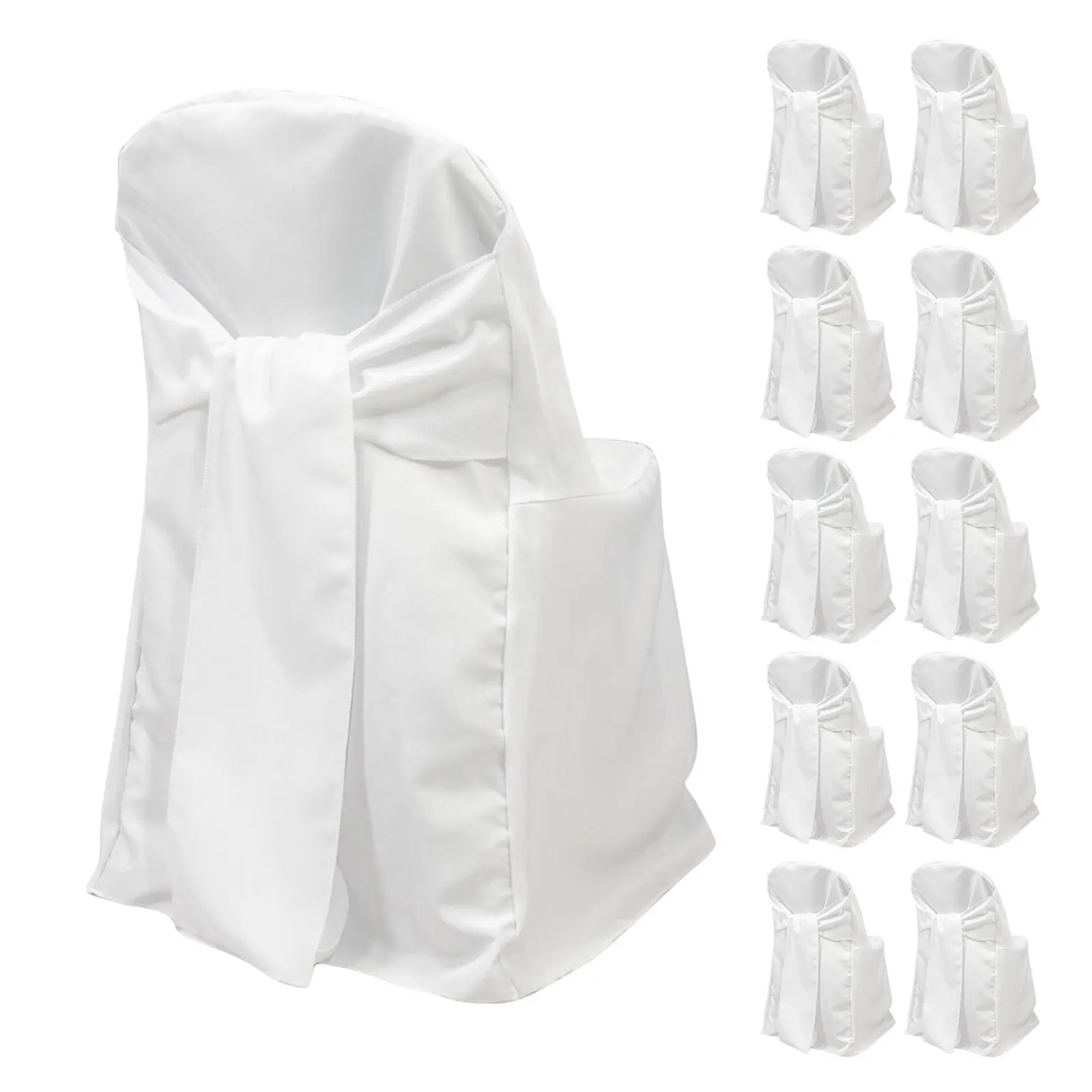 10-Pack Polyester Chair Cover Set - Slip-On, Foldable with Attached Sashes, Machine Washable Reusable White Slipcovers for Wedding Events, Fits Standard Folding Style Chairs