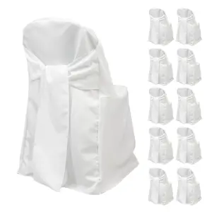 10-Pack Polyester Slip-On Folding Chair Covers with Attached Sashes – White Durable Reusable Covers for Wedding & Event Decor