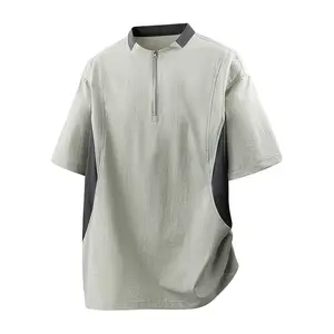 Men’s summer half-zip stand collar T-shirt with color-block panels; breathable, quick-drying, casual yet stylish, versatile design; comfortable for sports and outdoor activities.