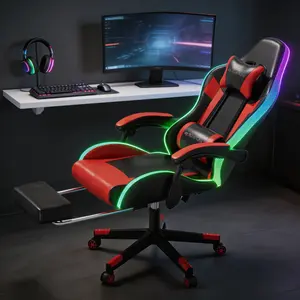 【New Arrival】Mr IRONSTONE Gaming Chair, RGB LED Lights Computer Chair with Footrest, Lumbar Support Gamer Chair, High Back, 90-135° Reclining, Linkage Armrests, Red