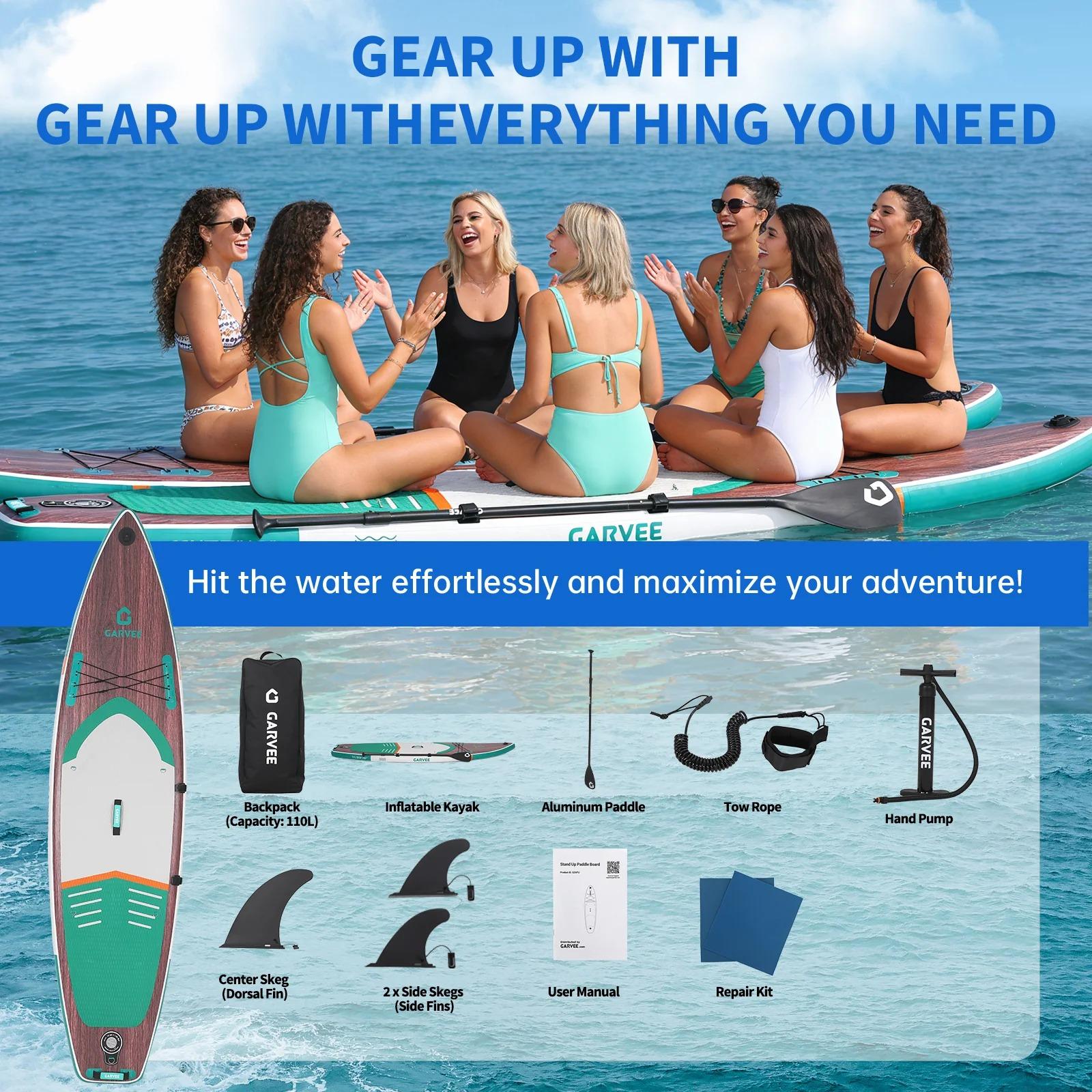 [TOP RATED - FLASH SALE] Garvee Inflatable Stand Up Paddle Board 11' x 33" with Accessories, Ultra-Light Deep Wood Style, Wide Non-Slip Deck, Triple Fin, Beginner-Friendly All-Around SUP – Deep Wood