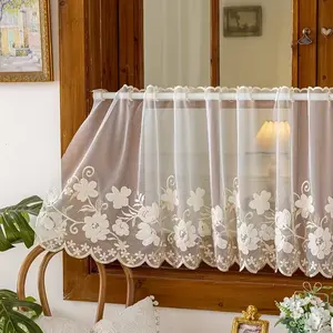 Rustic Embroidered Floral Summer Curtain with Rod Pocket, Breathable Window Covering for Living Room Bedroom Balcony Kitchen Decor, Sheer Curtain