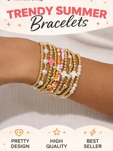 10pcs Women's Cross Bracelet Set, Trendy Jewelry, Colorful Beads, Ccb Beads, Faux Pearl Multi-Layer Elastic Bracelets, Perfect Birthday Gift